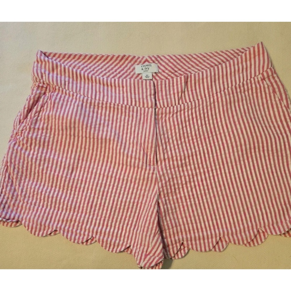 Crown & Ivy Striped 8p Seerucker Scalloped Short Shorts Preppy Beach Resort 90s